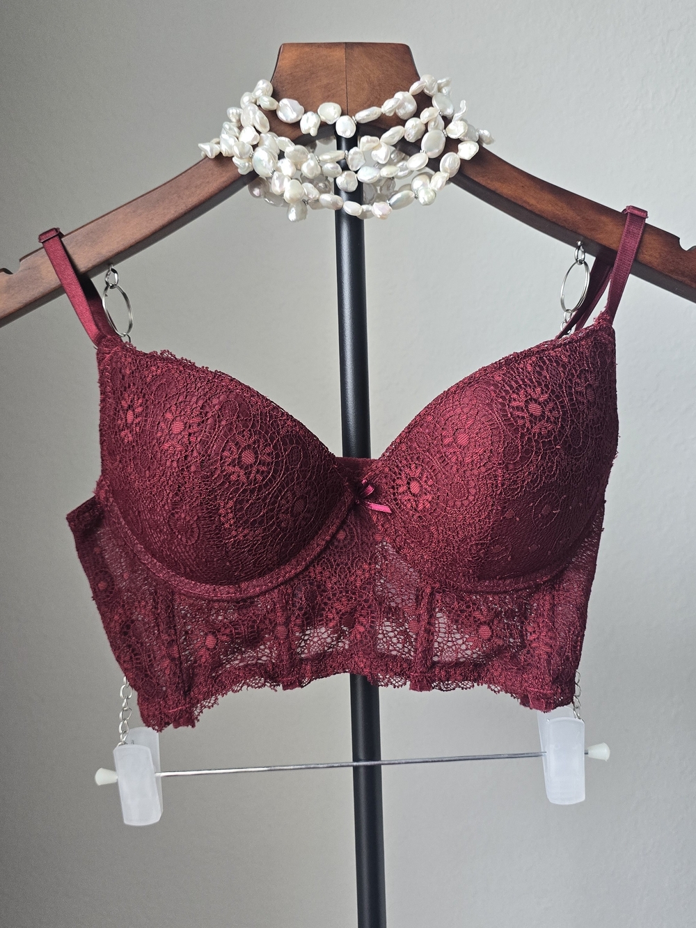 Burgundy Lace Bustier Bra Longline Push-Up Lace Bralette Coquette Top - Size M